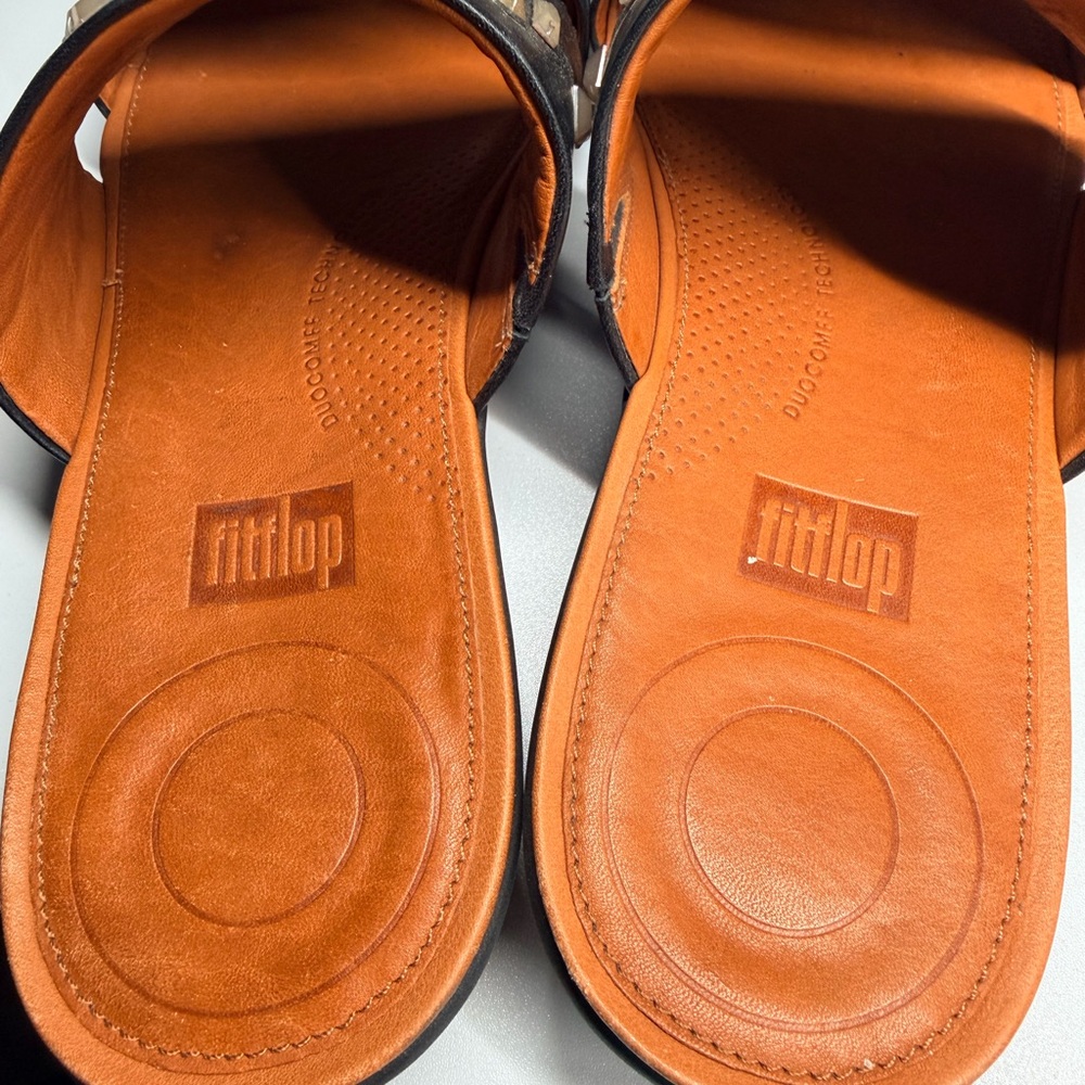 FITFLOP Delta Leather Black Embellished Double Strap Flat Slides Sz 9 - Picture 5 of 5